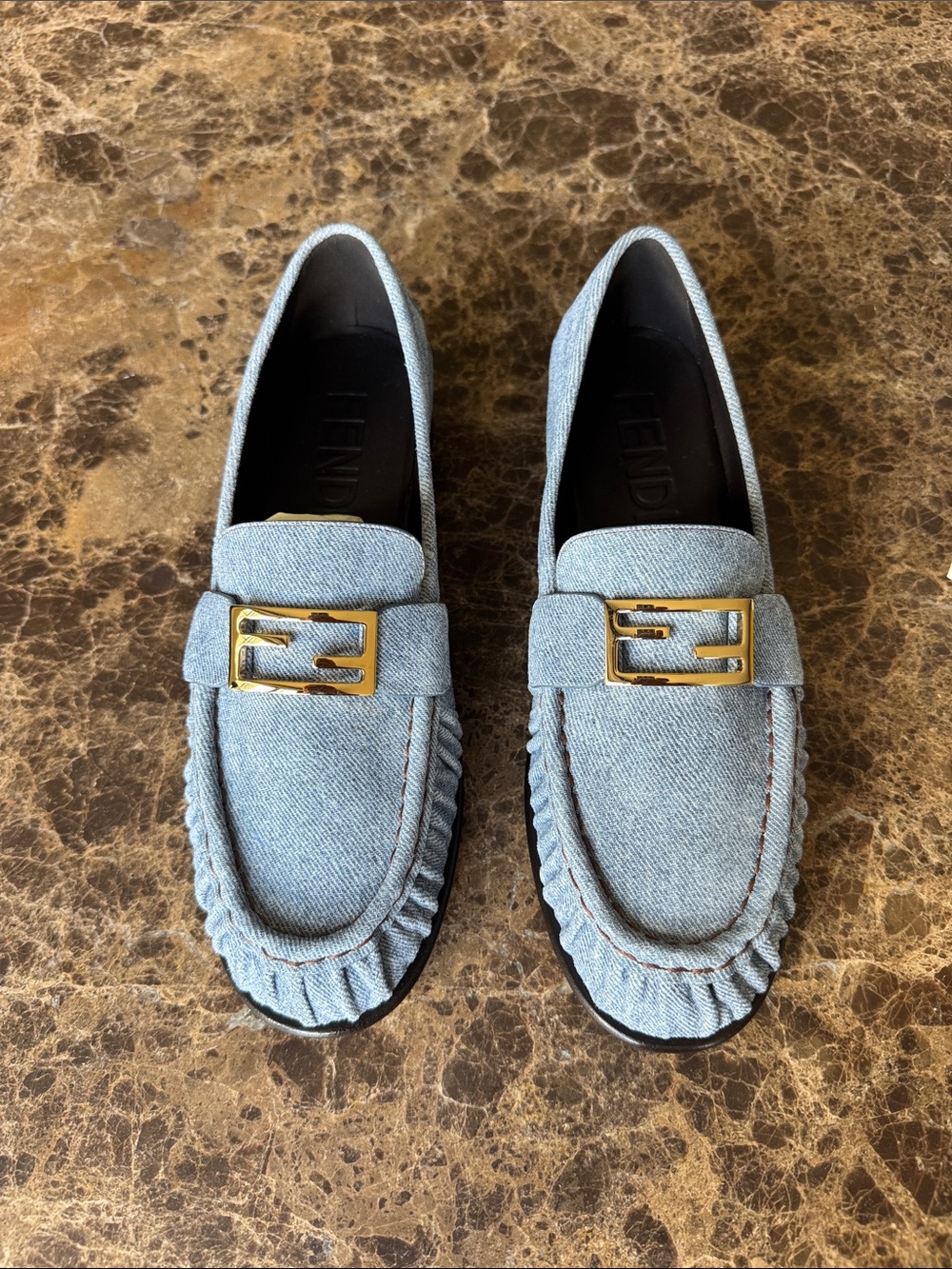 Fendi denim blue ruched logo loafers mocassins flats sz 39